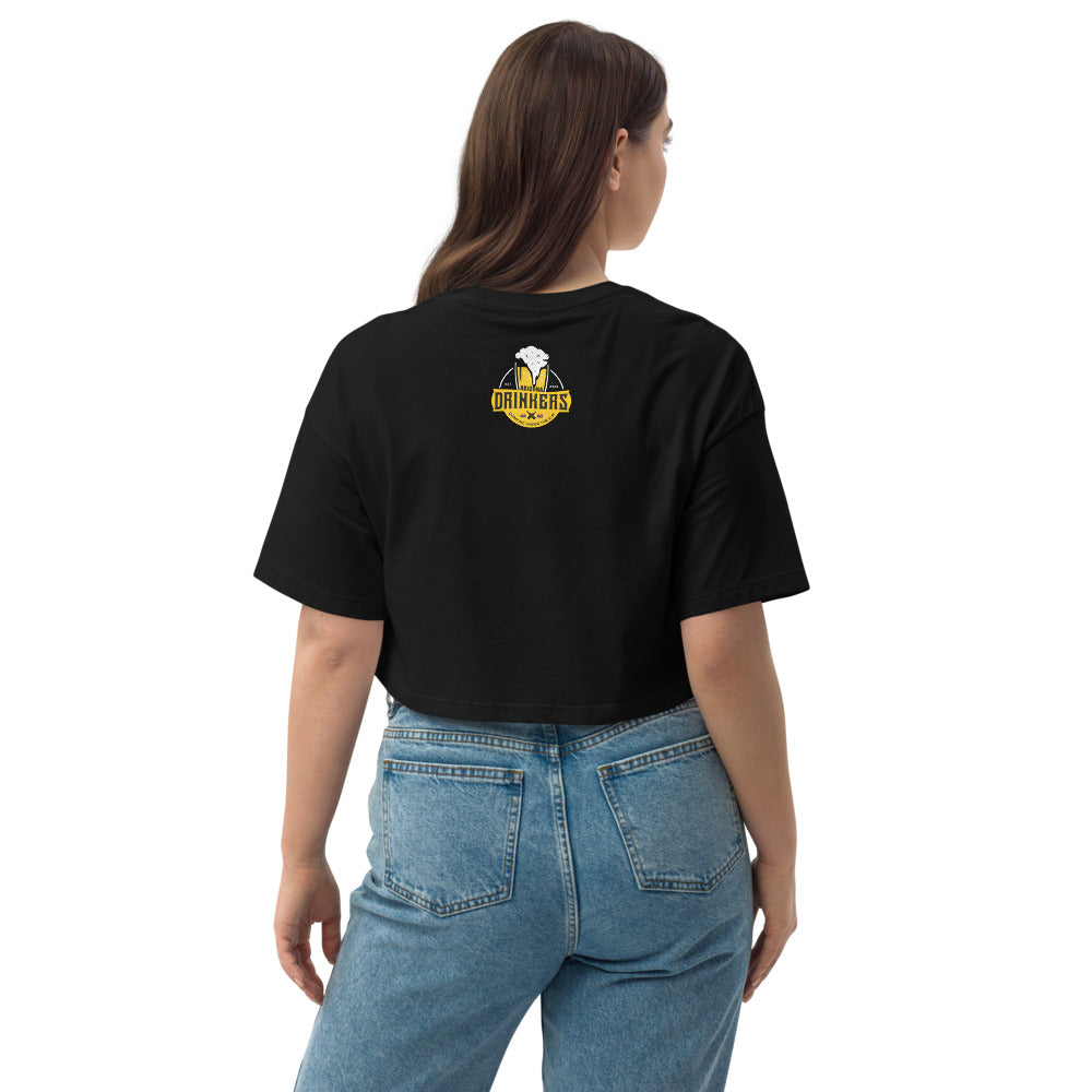 Loose drop shoulder crop top with Drinkers Text on front and logo on back