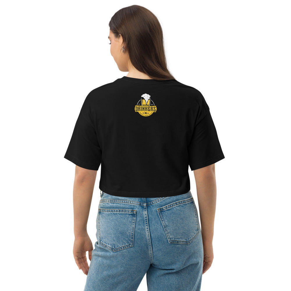 Loose drop shoulder crop top with Drinkers Text on front and logo on back