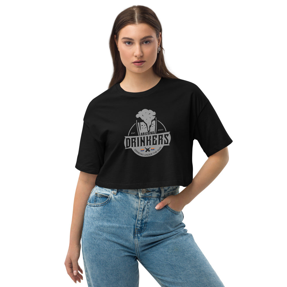 Loose drop shoulder crop top with Arizona Drinkers Logo on front