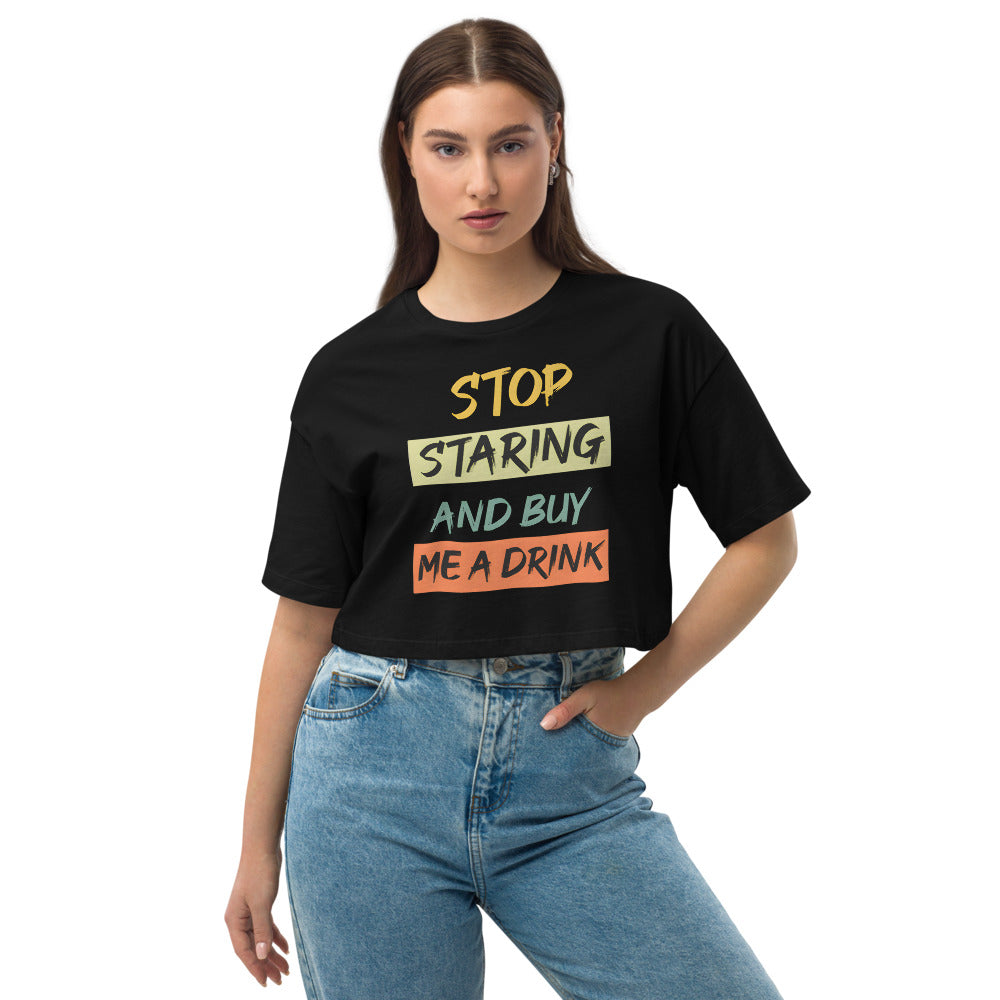 Loose drop shoulder crop top with Drinkers Text on front and logo on back