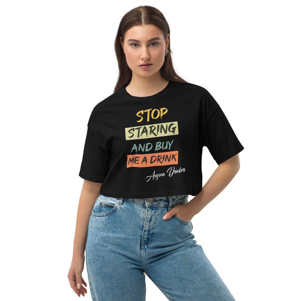 Loose drop shoulder crop top with Arizona Drinkers Text on front