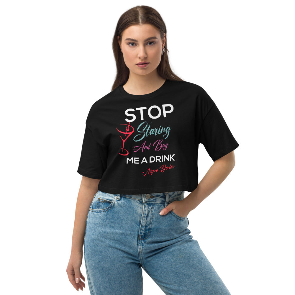 Loose drop shoulder crop top with Drinkers Text on Front