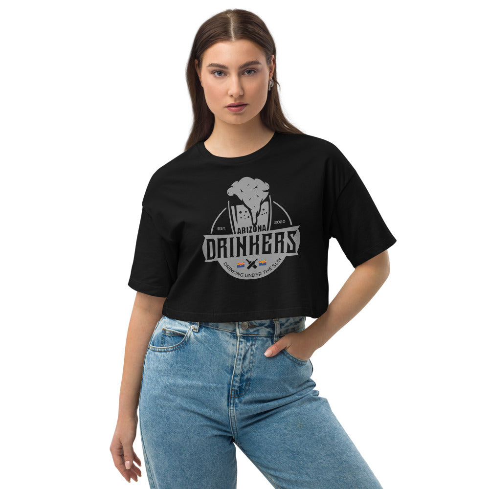 Loose drop shoulder crop top with Arizona Drinkers Logo on Front in Grey