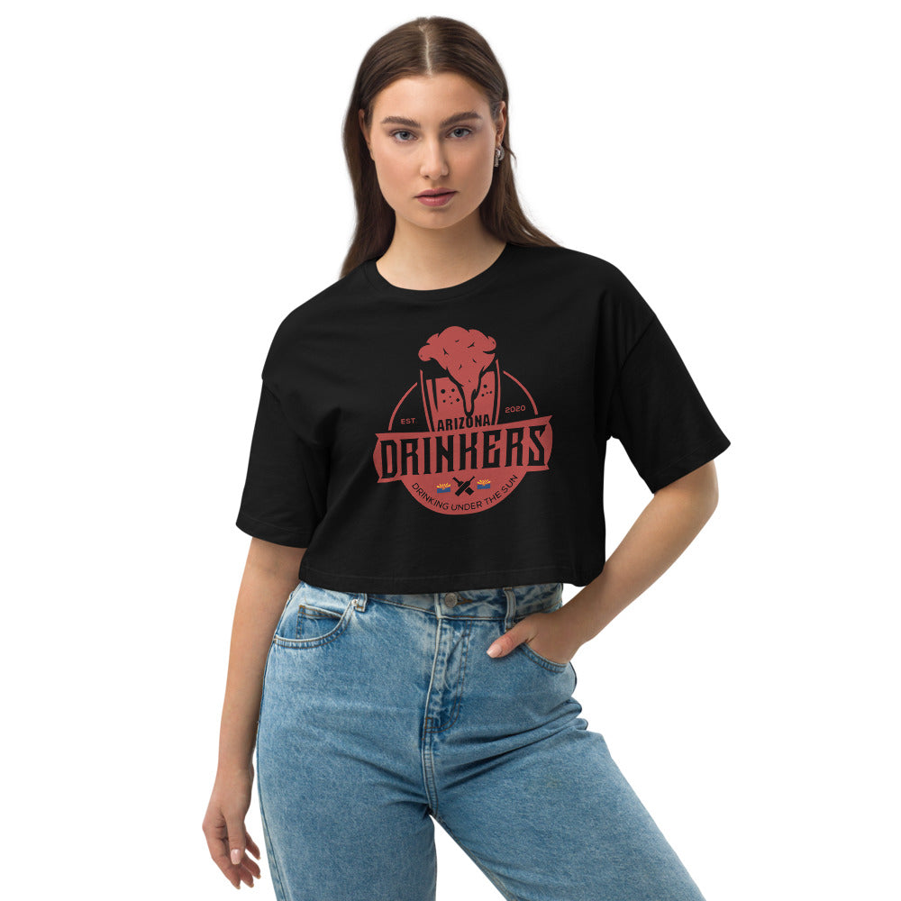 Loose drop shoulder crop top with Arizona Drinkers Logo on Front in Red