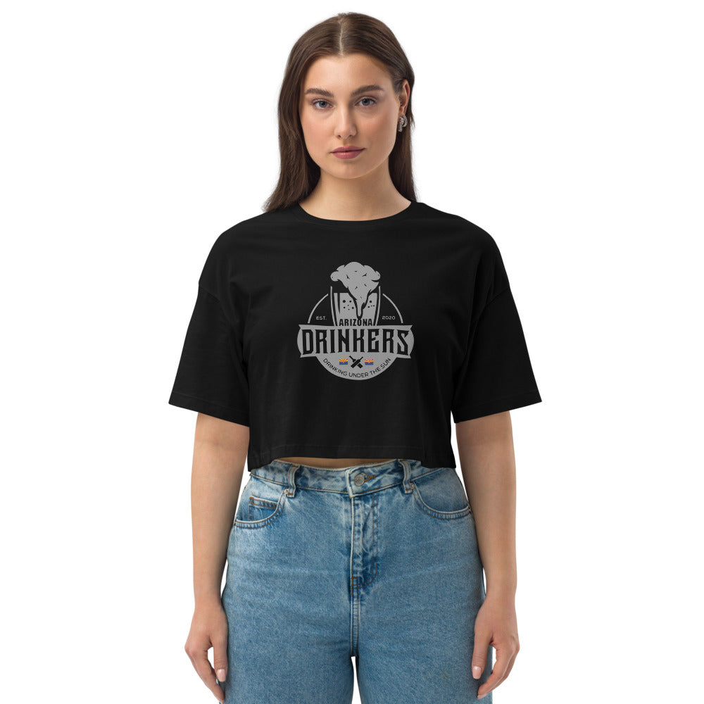Loose drop shoulder crop top with Arizona Drinkers Logo on front