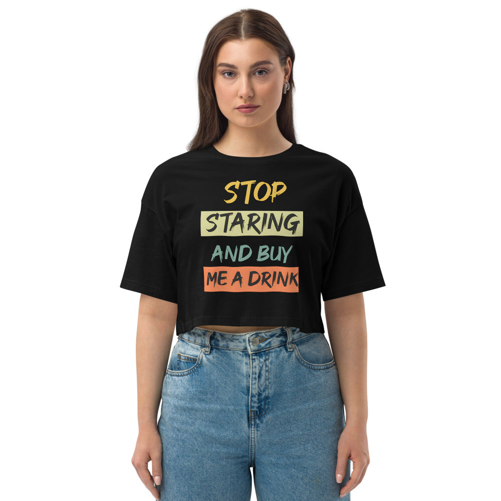 Loose drop shoulder crop top with Drinkers Text on front and logo on back