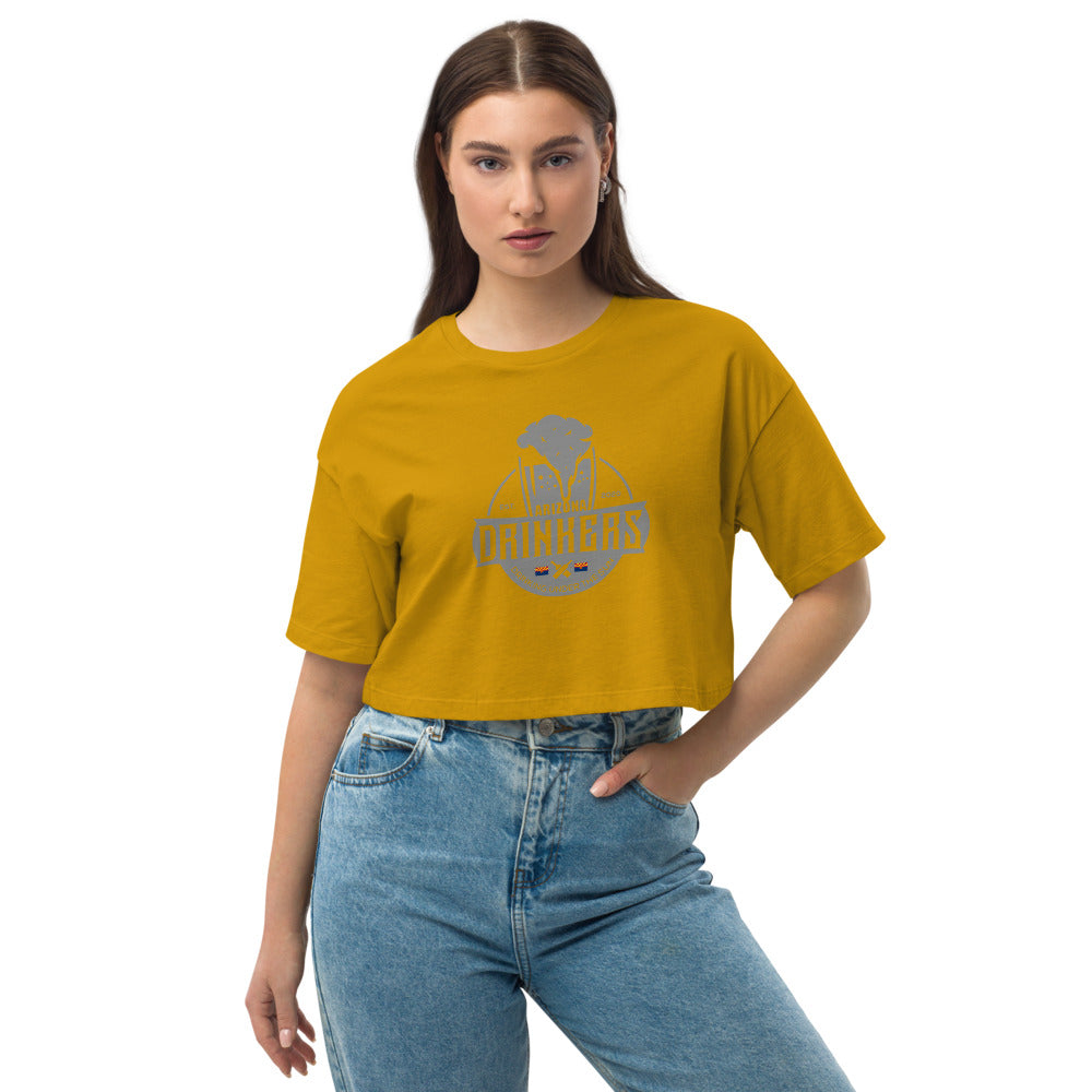 Loose drop shoulder crop top with Arizona Drinkers Logo on front