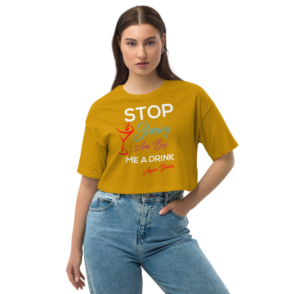 Loose drop shoulder crop top with Drinkers Text on Front