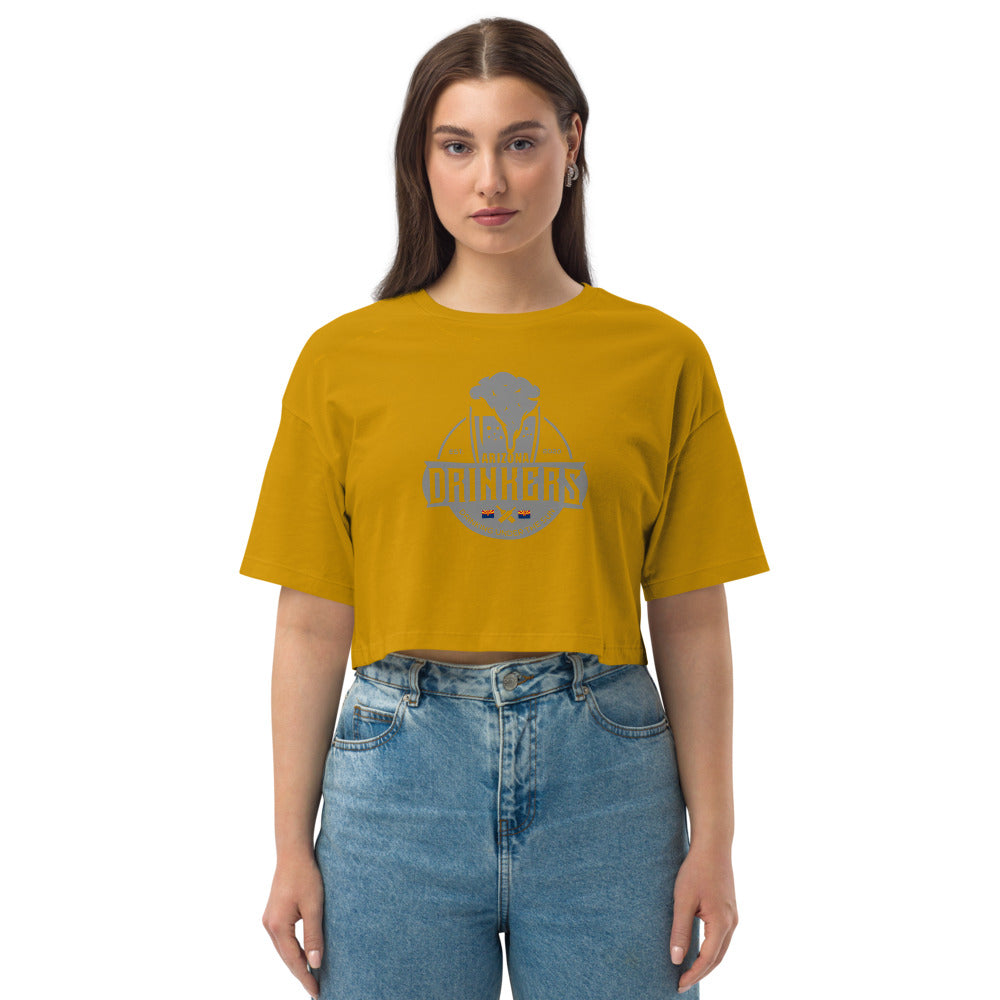 Loose drop shoulder crop top with Arizona Drinkers Logo on front