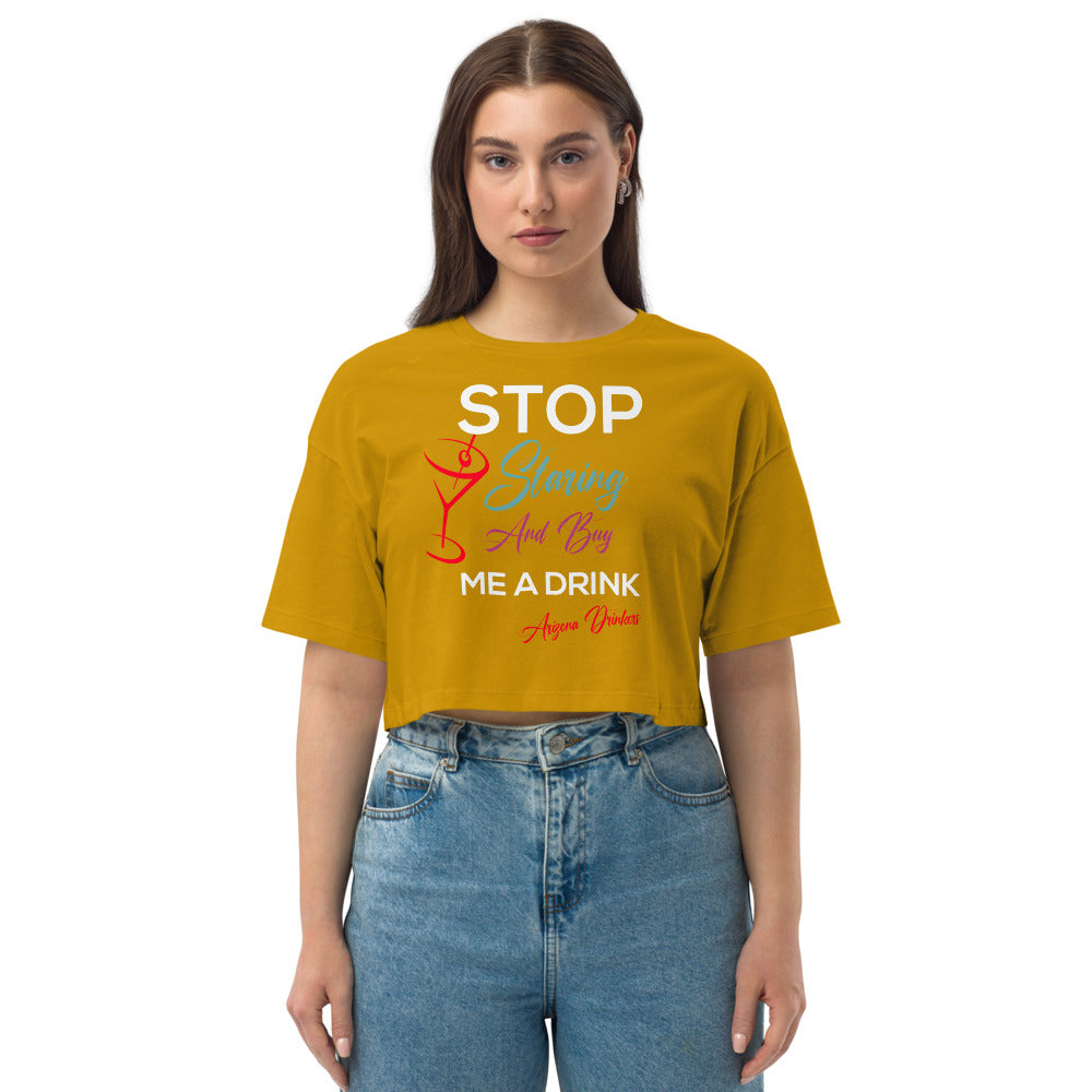 Loose drop shoulder crop top with Drinkers Text on Front