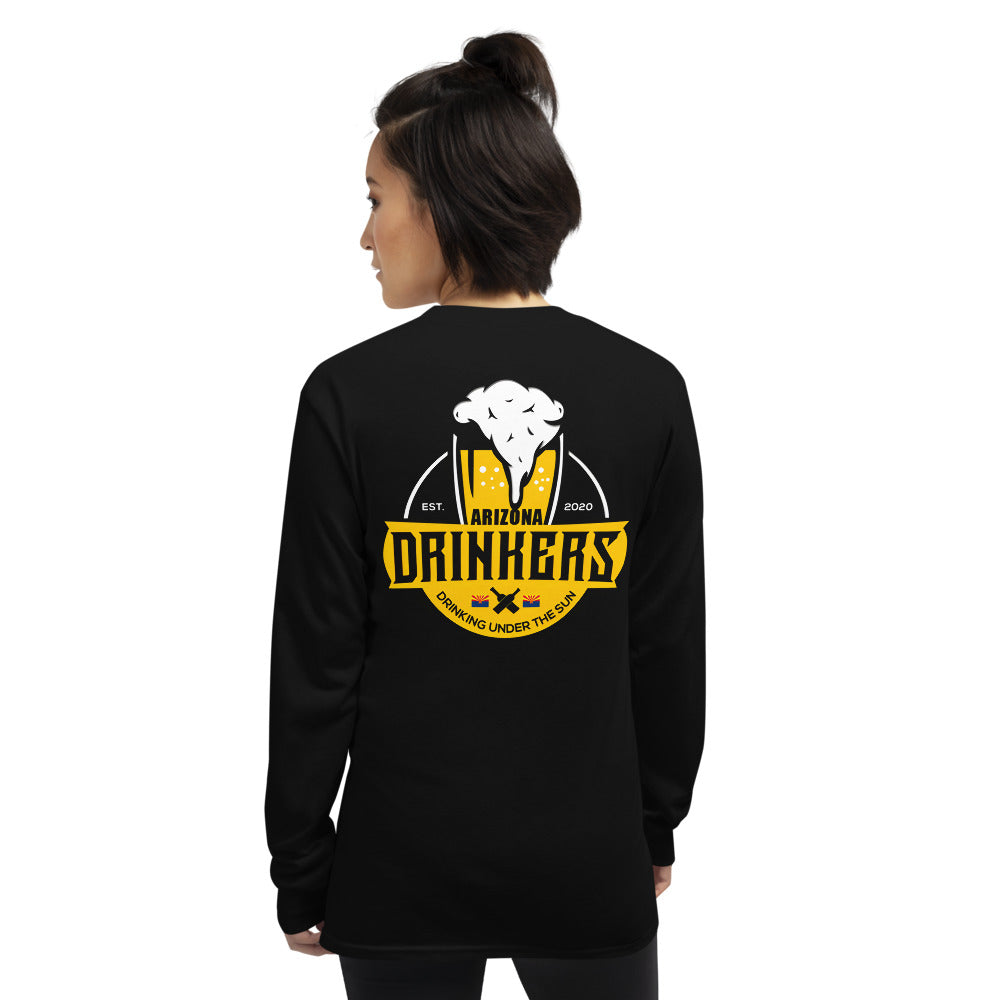 Women’s Long Sleeve Shirt with Arizona Text on Front and Arizona Drinkers Logo on Back