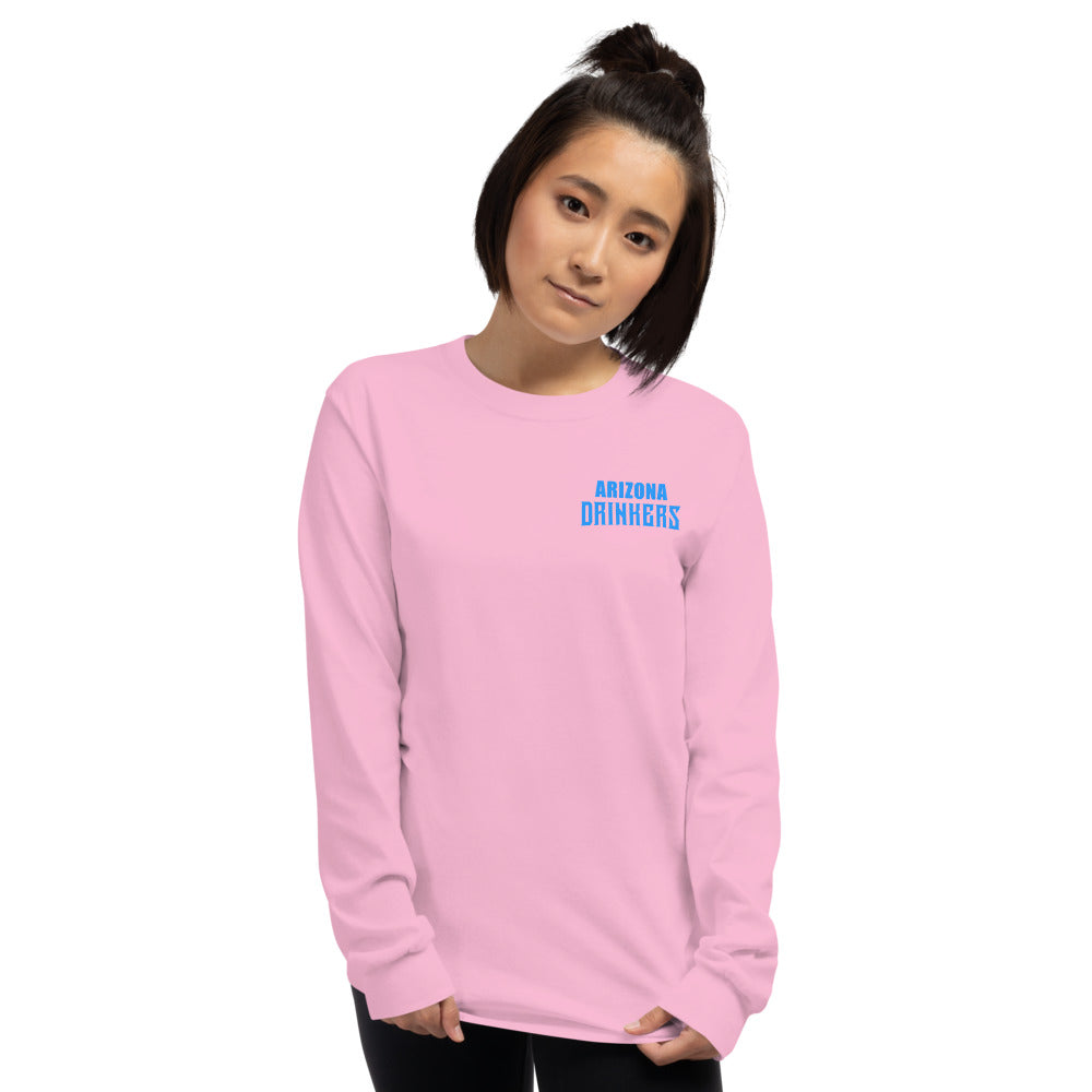 Women’s Long Sleeve Shirt with Arizona Text on Front and Arizona Drinkers Logo on Back