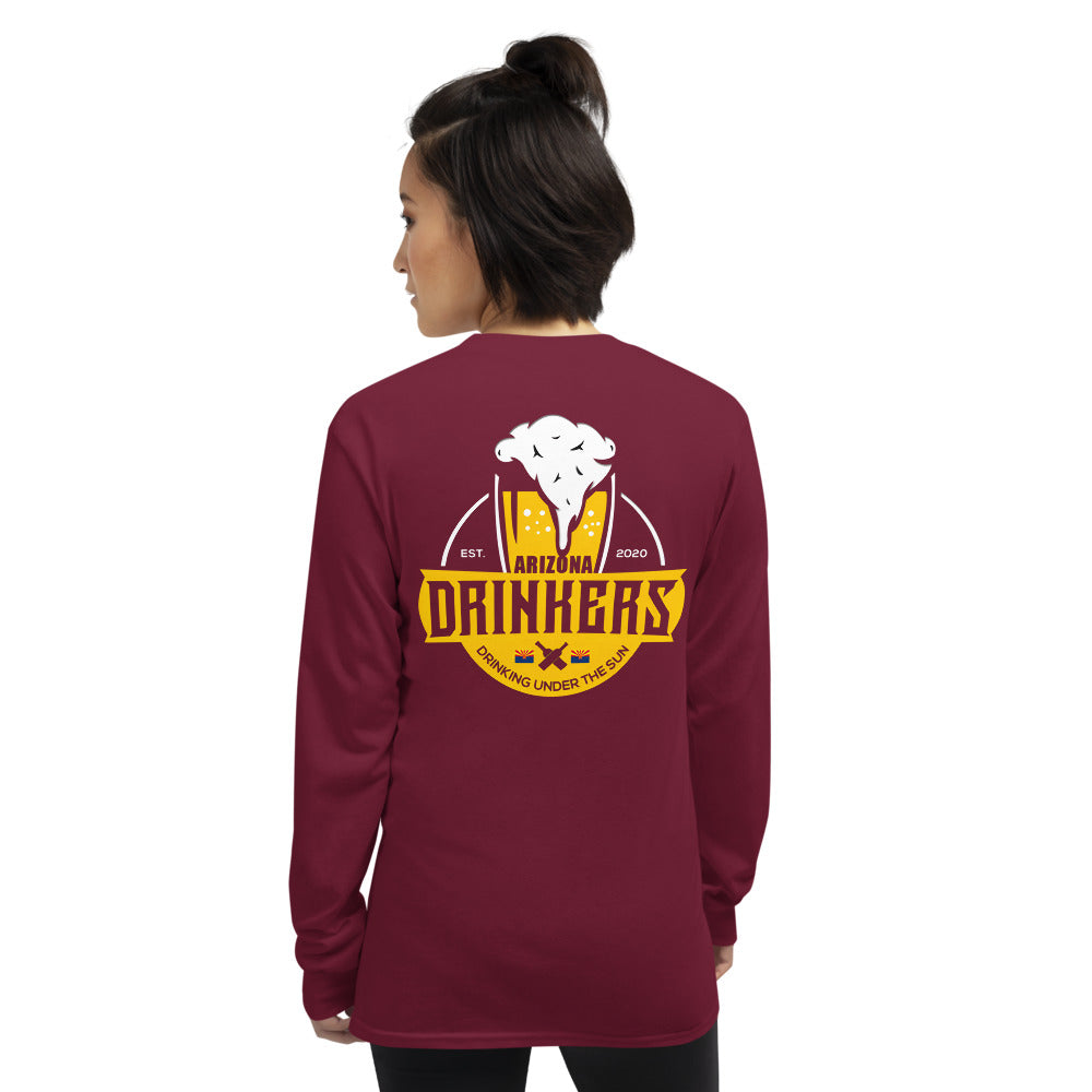 Women’s Long Sleeve Shirt with Arizona Text on Front and Arizona Drinkers Logo on Back
