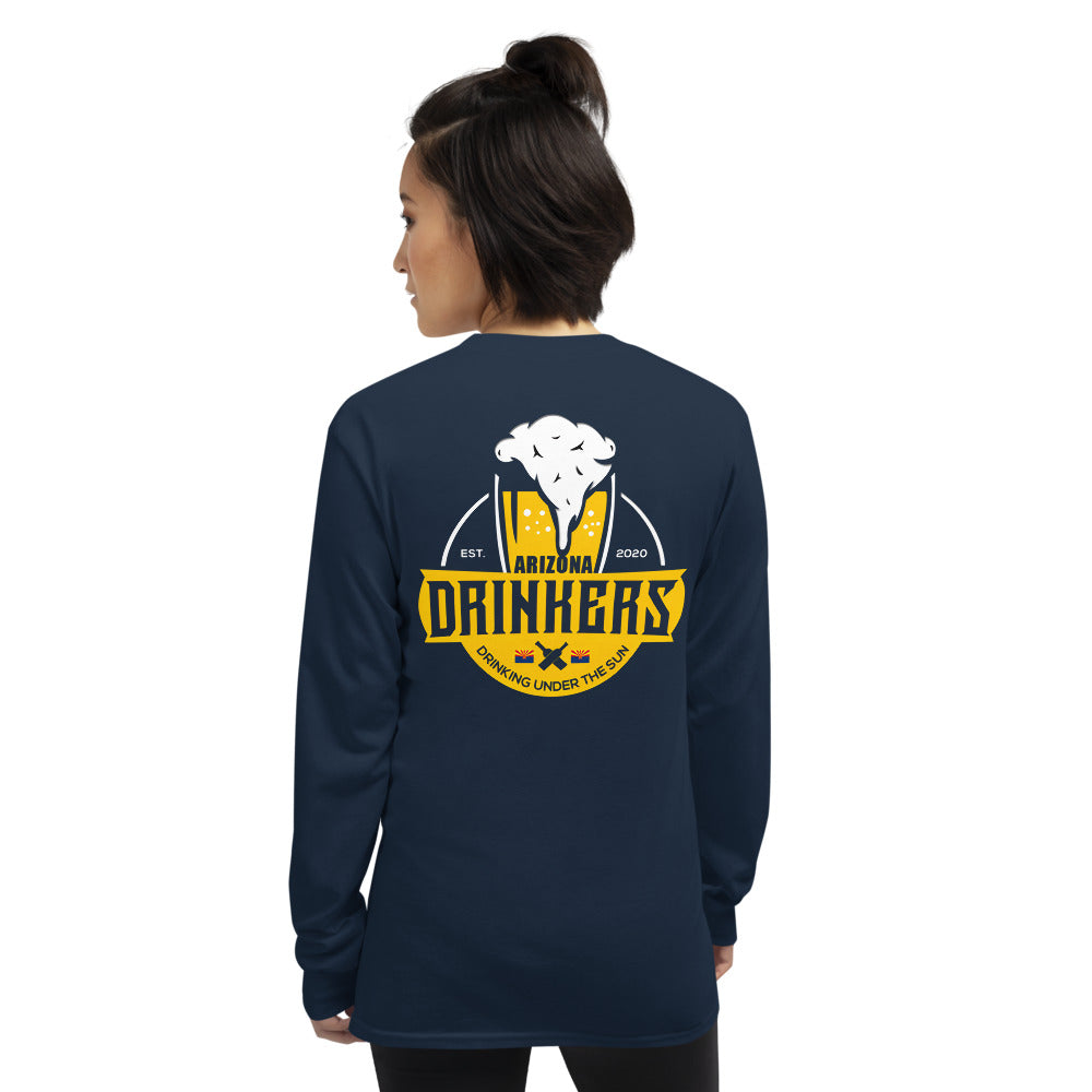 Women’s Long Sleeve Shirt with Arizona Text on Front and Arizona Drinkers Logo on Back