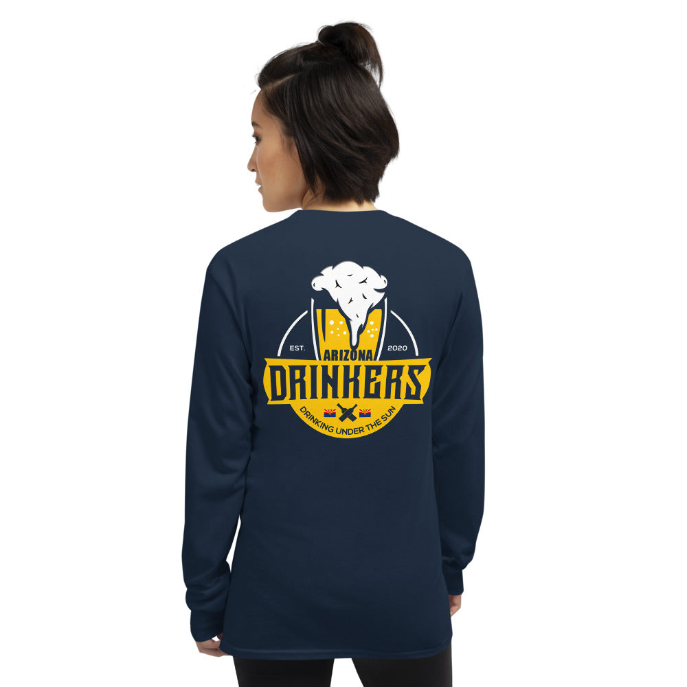 Women’s Long Sleeve Shirt with Arizona Text on Front and Arizona Drinkers Logo on Back