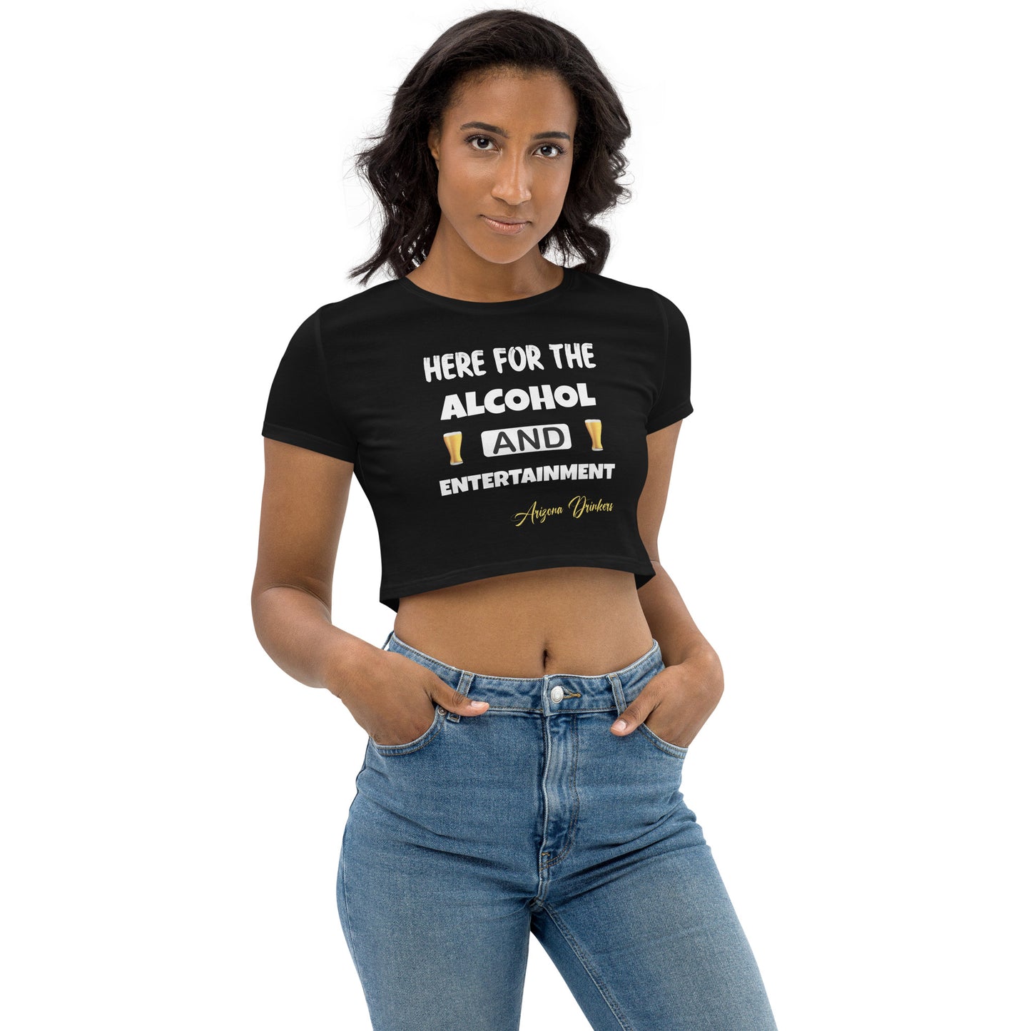 Organic Crop Top with Drinkers Text on front