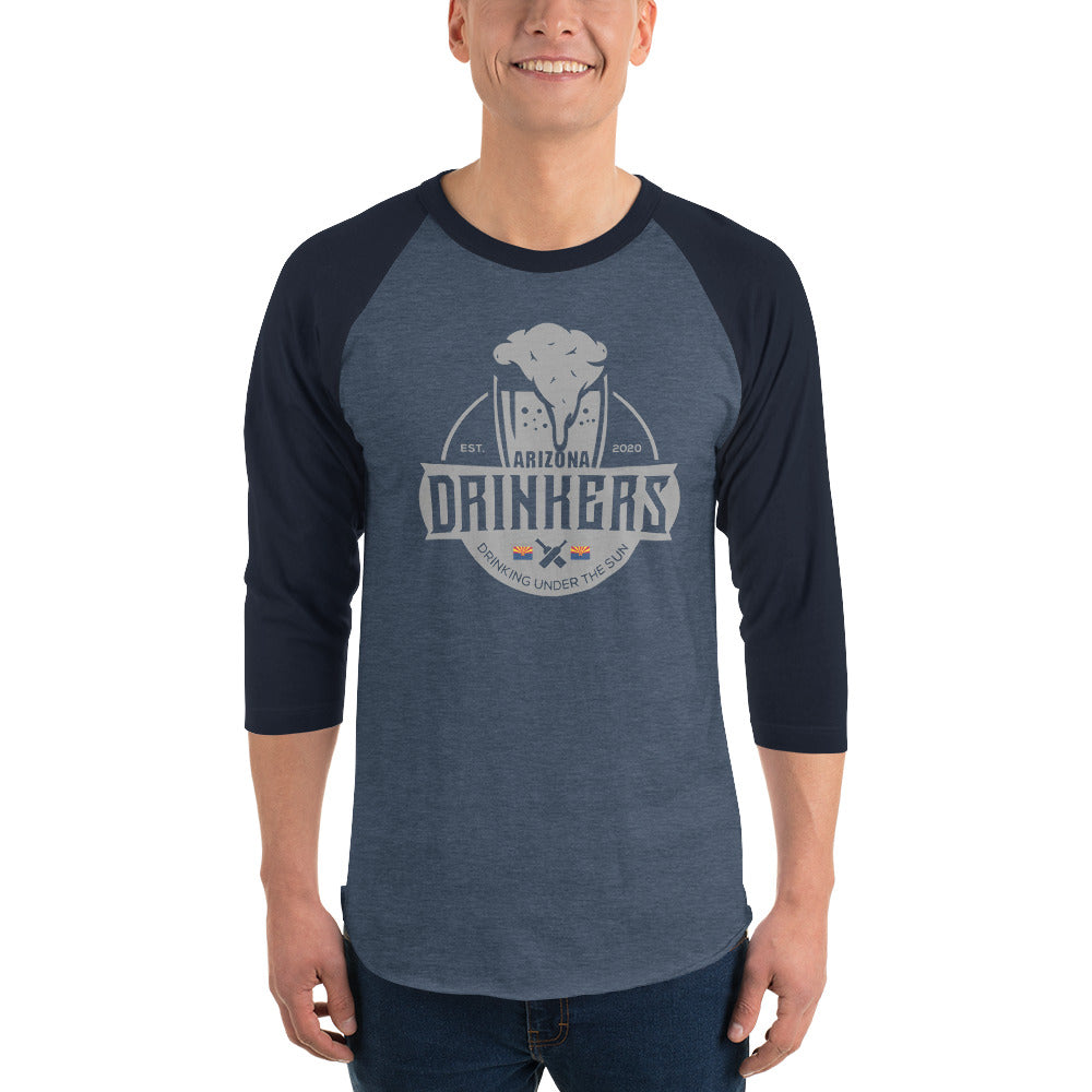 3/4 sleeve raglan shirt with Arizona Drinkers Logo On Front in Grey
