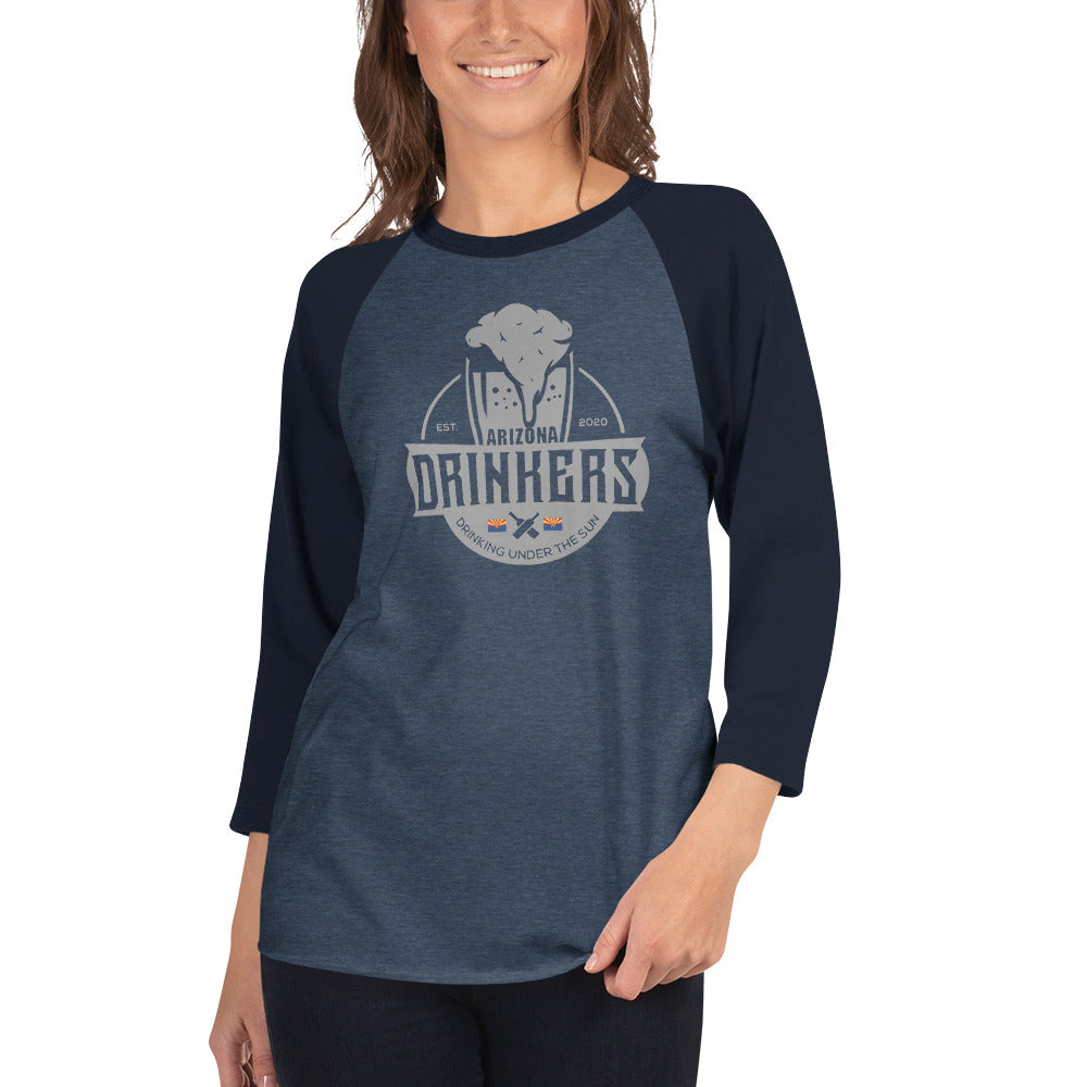 3/4 sleeve raglan shirt with Arizona Drinkers Logo on Front in Grey