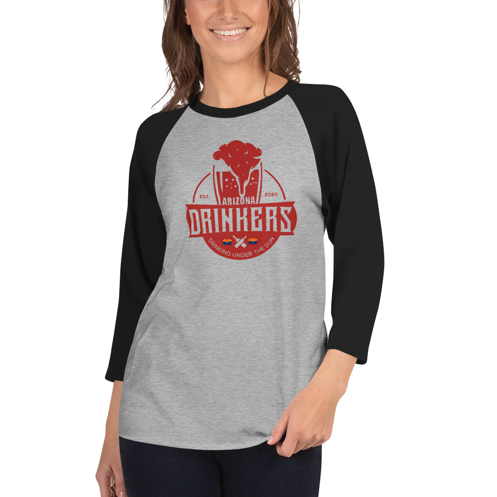 3/4 sleeve raglan shirt with Arizona Drinkers Logo on Front in Red