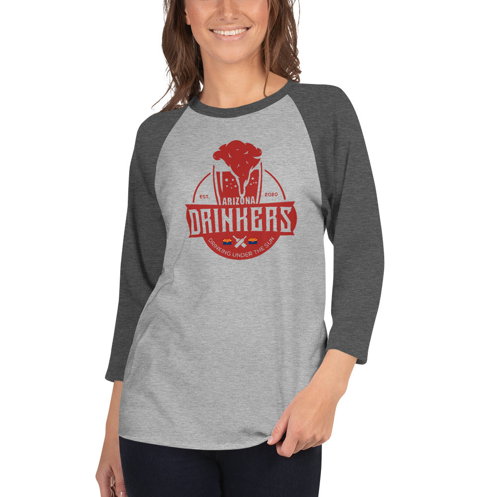 3/4 sleeve raglan shirt with Arizona Drinkers Logo on Front in Red