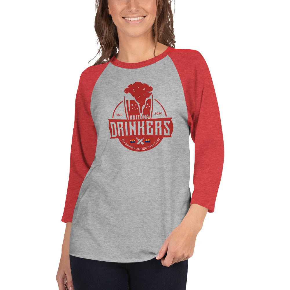 3/4 sleeve raglan shirt with Arizona Drinkers Logo on Front in Red