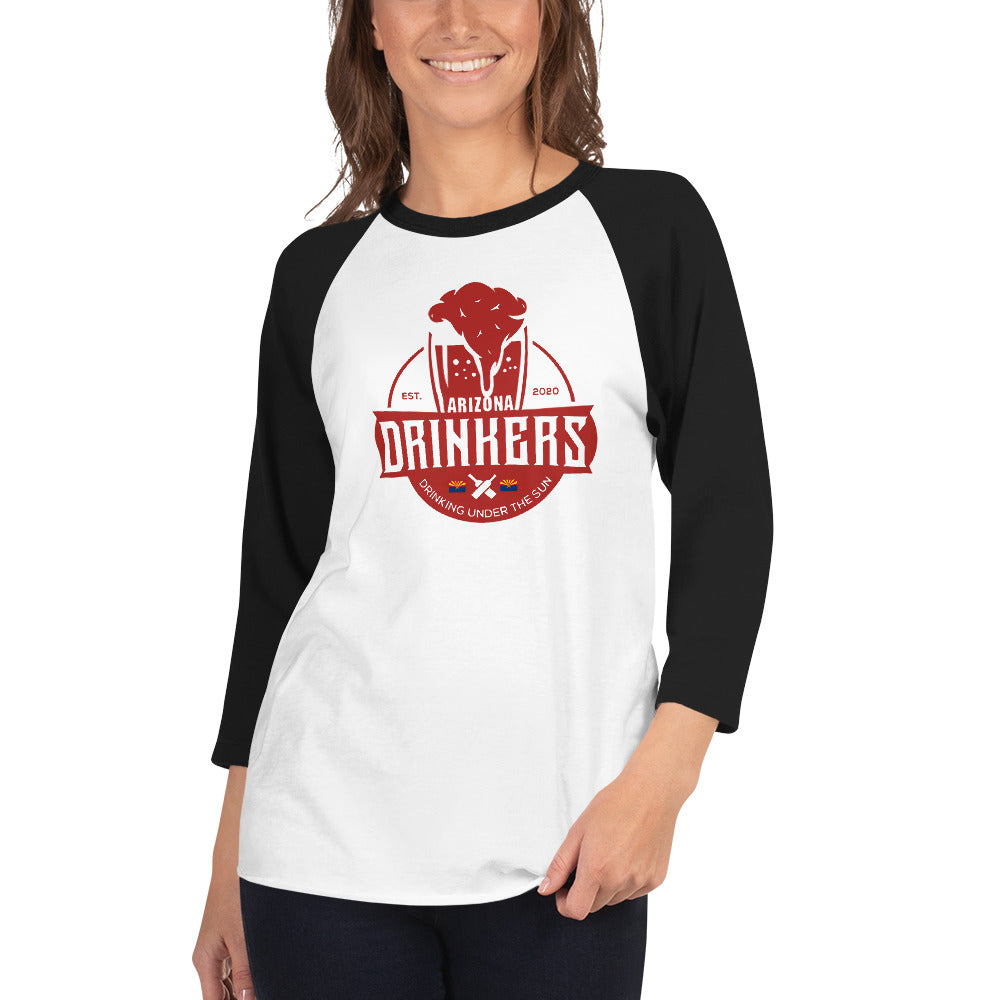 3/4 sleeve raglan shirt with Arizona Drinkers Logo on Front in Red