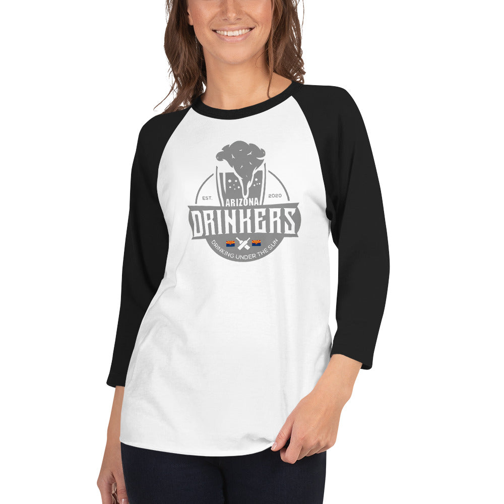 3/4 sleeve raglan shirt with Arizona Drinkers Logo on Front in Grey