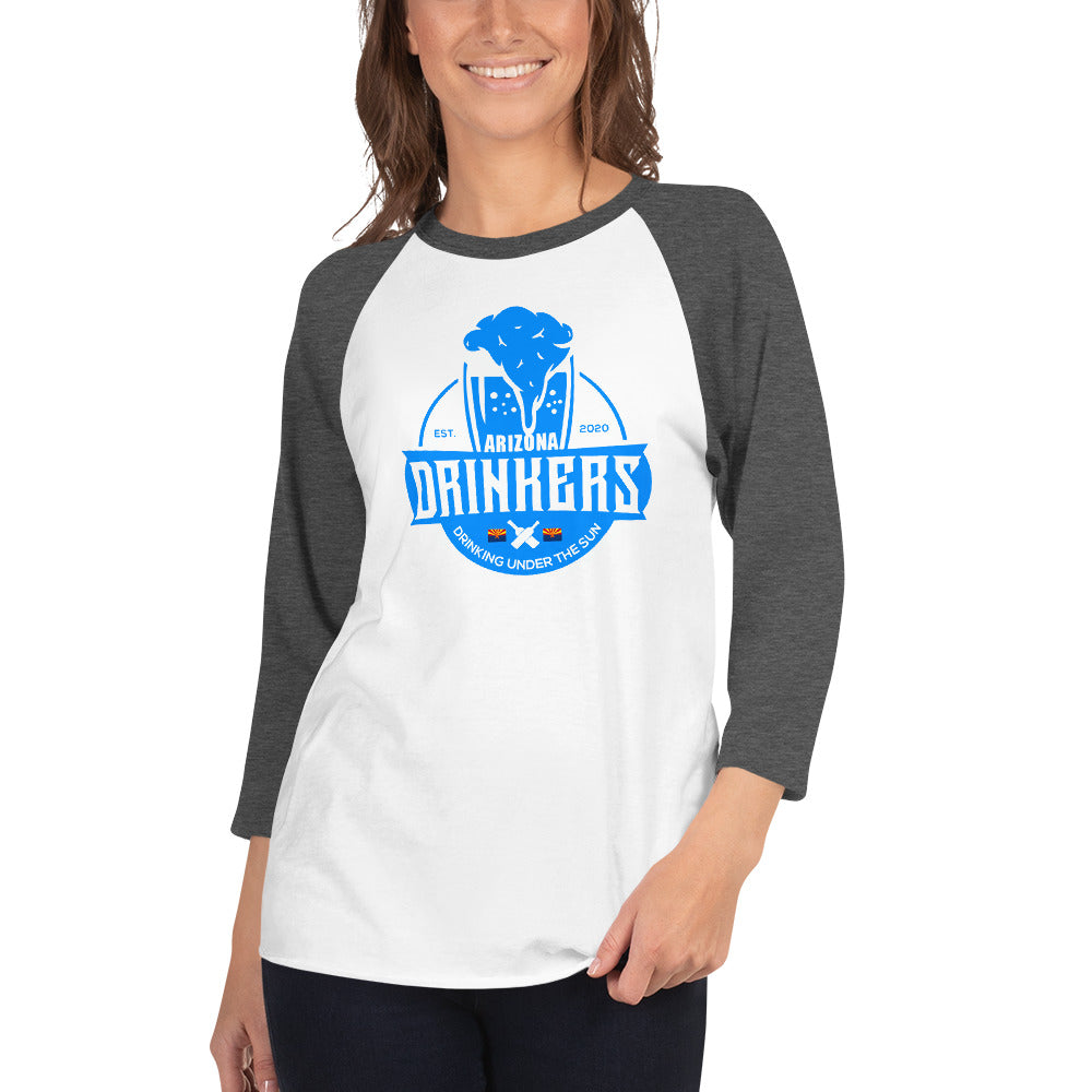 3/4 sleeve raglan shirt Arizona Drinkers Logo on Front in Blue