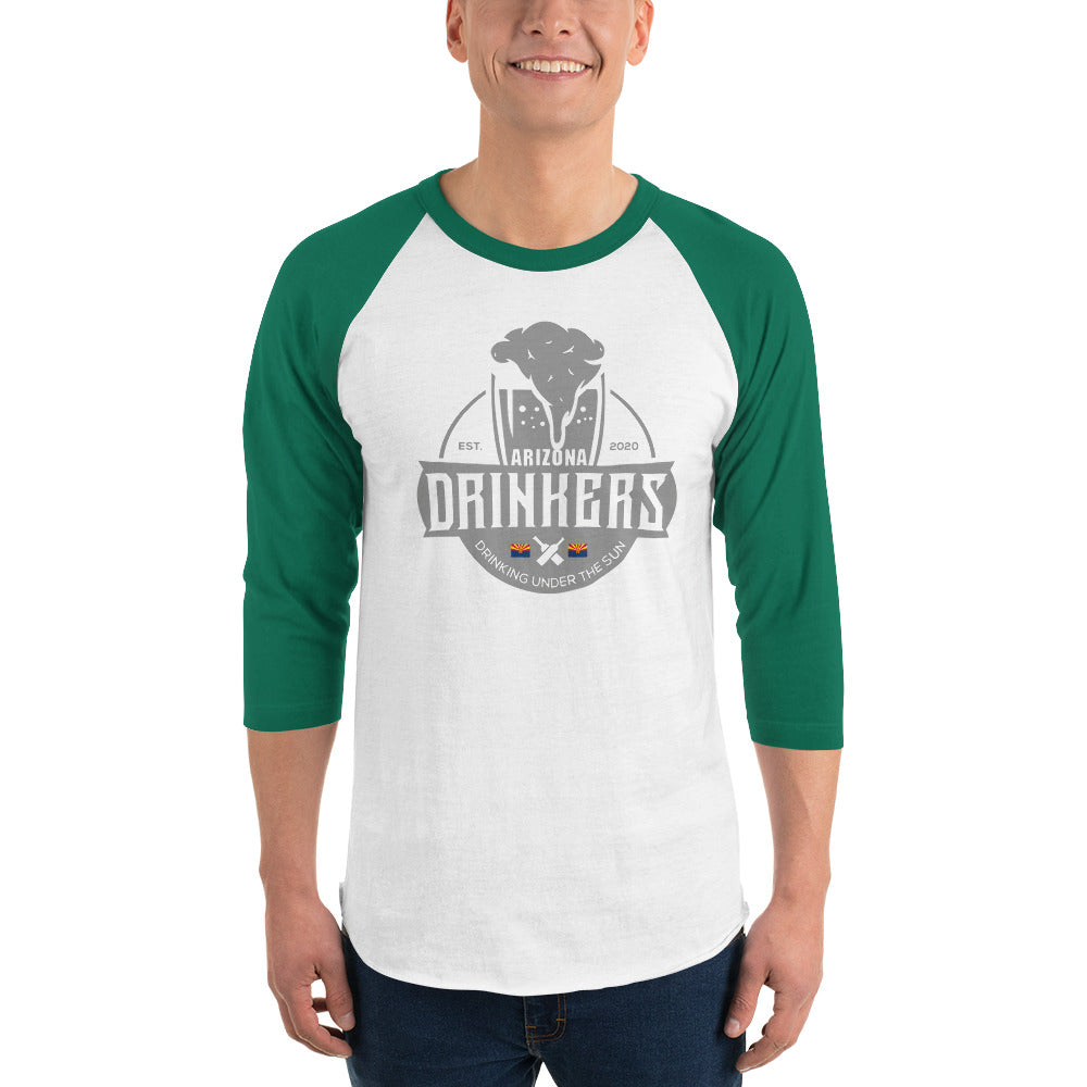 3/4 sleeve raglan shirt with Arizona Drinkers Logo On Front in Grey