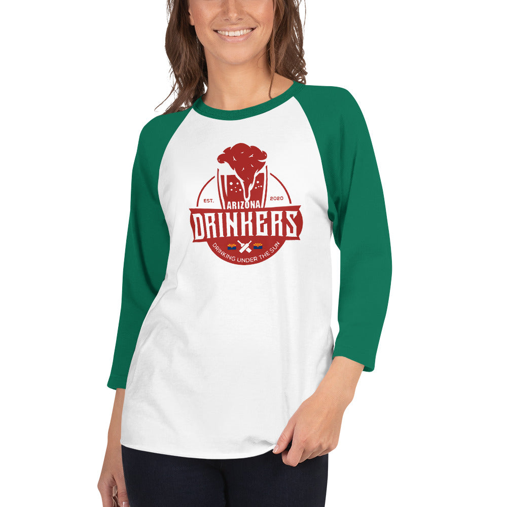 3/4 sleeve raglan shirt with Arizona Drinkers Logo on Front in Red