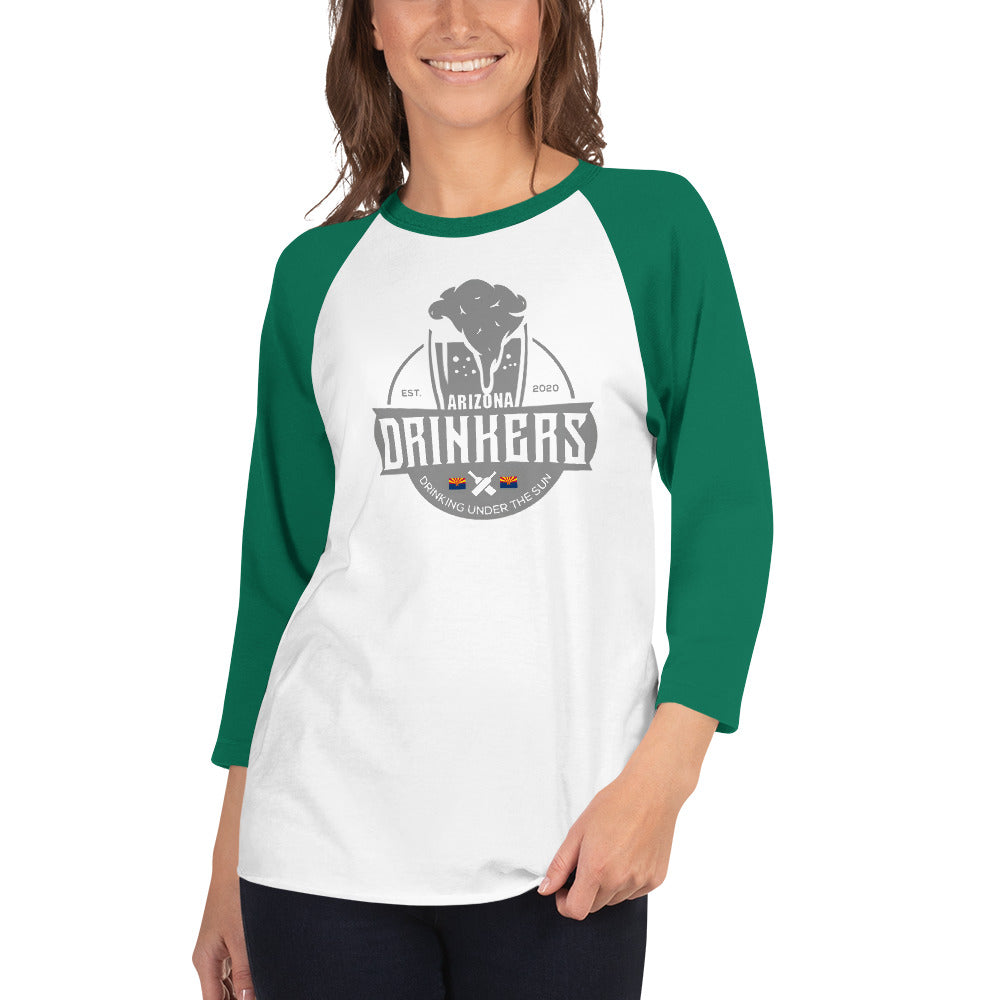 3/4 sleeve raglan shirt with Arizona Drinkers Logo on Front in Grey
