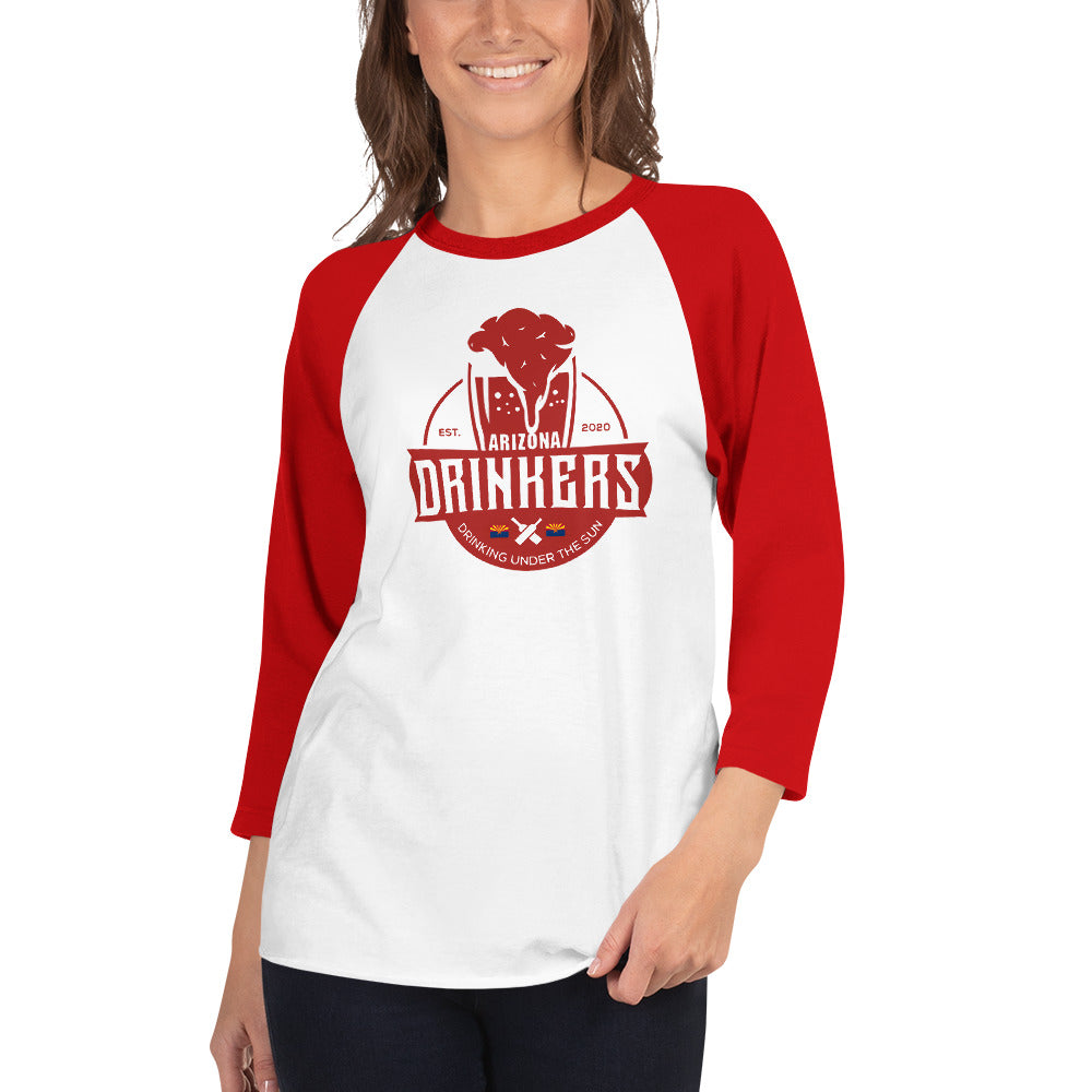3/4 sleeve raglan shirt with Arizona Drinkers Logo on Front in Red