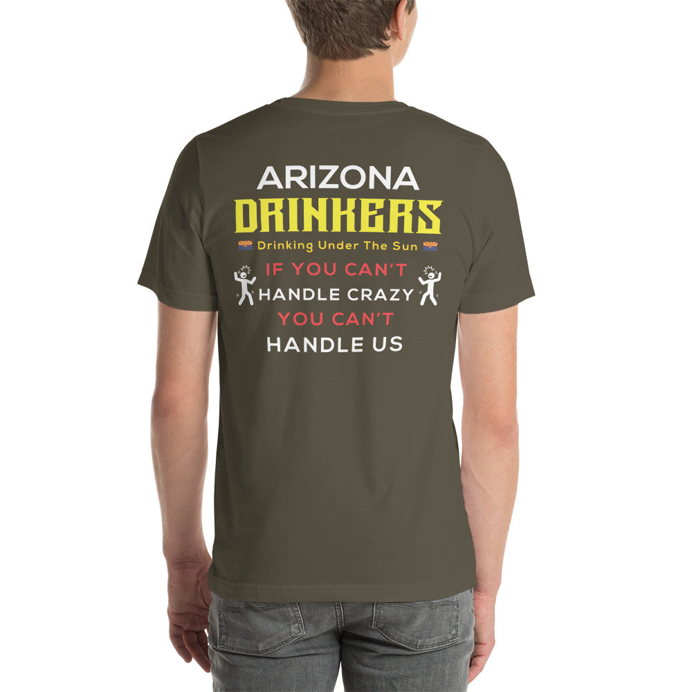 Unisex t-shirt with Arizona Drinkers Logo on Front and Drinkers Text on Back
