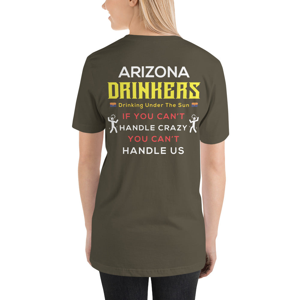 Unisex t-shirt with Arizona Drinkers logo on Front and Drinkers Text on Back
