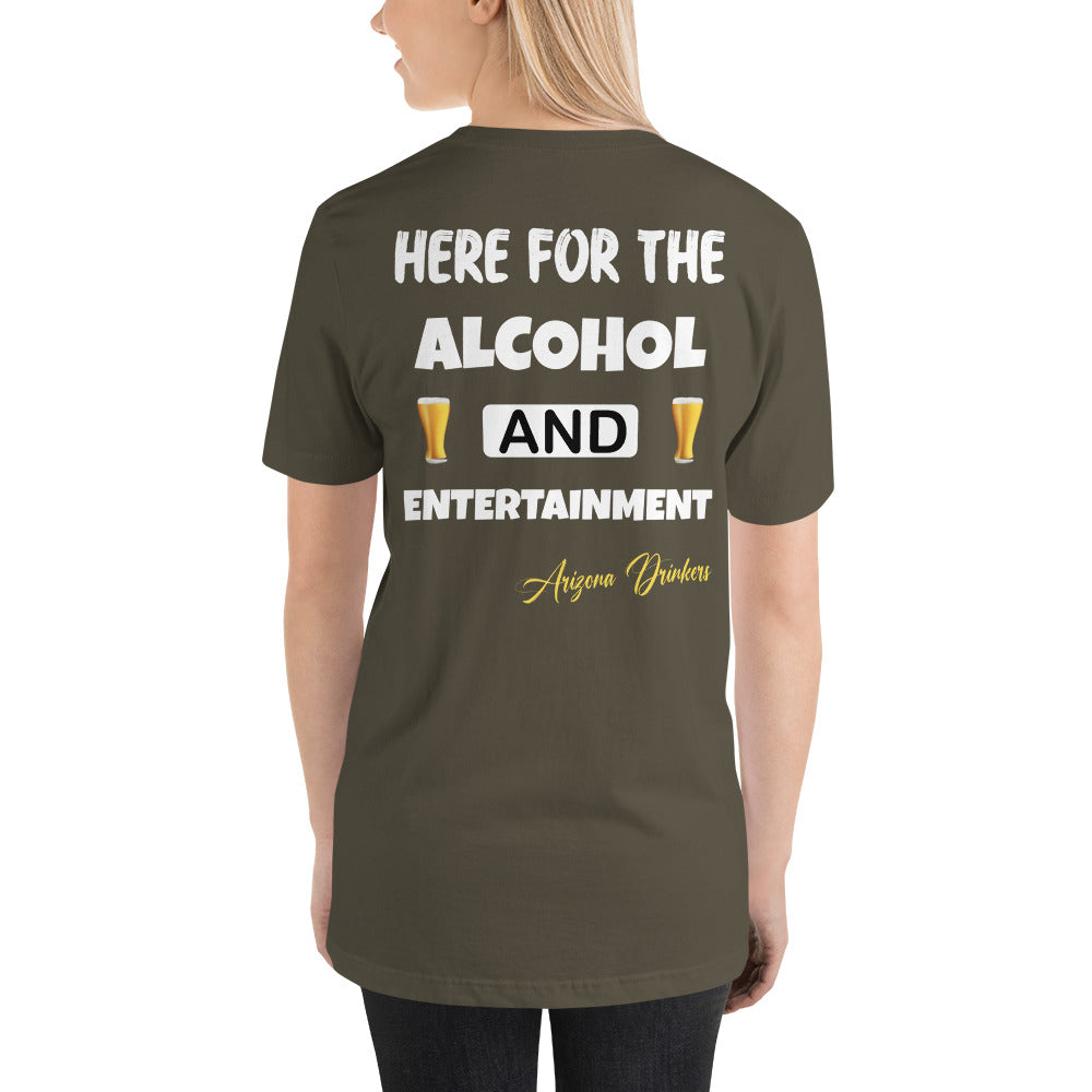 Unisex t-shirt with Arizona Drinkers Logo on Front and Drinkers Text on Back