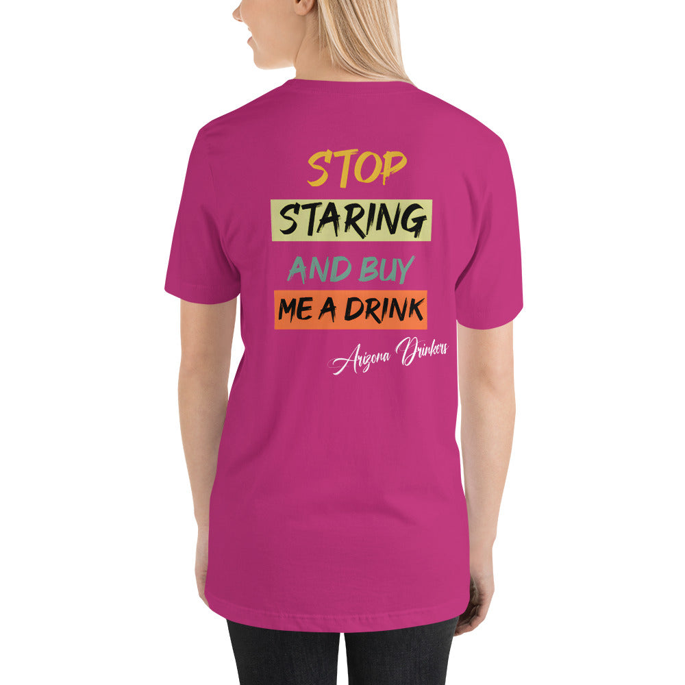 Short-sleeve unisex t-shirt with Arizona Drinkers logo on Front and Drinkers Text on Back