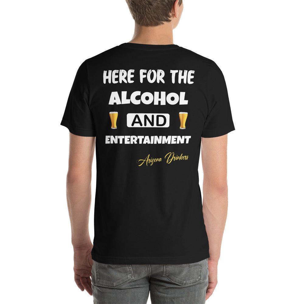 Unisex t-shirt with Arizona Drinkers Logo on Front and Drinkers Text on Back