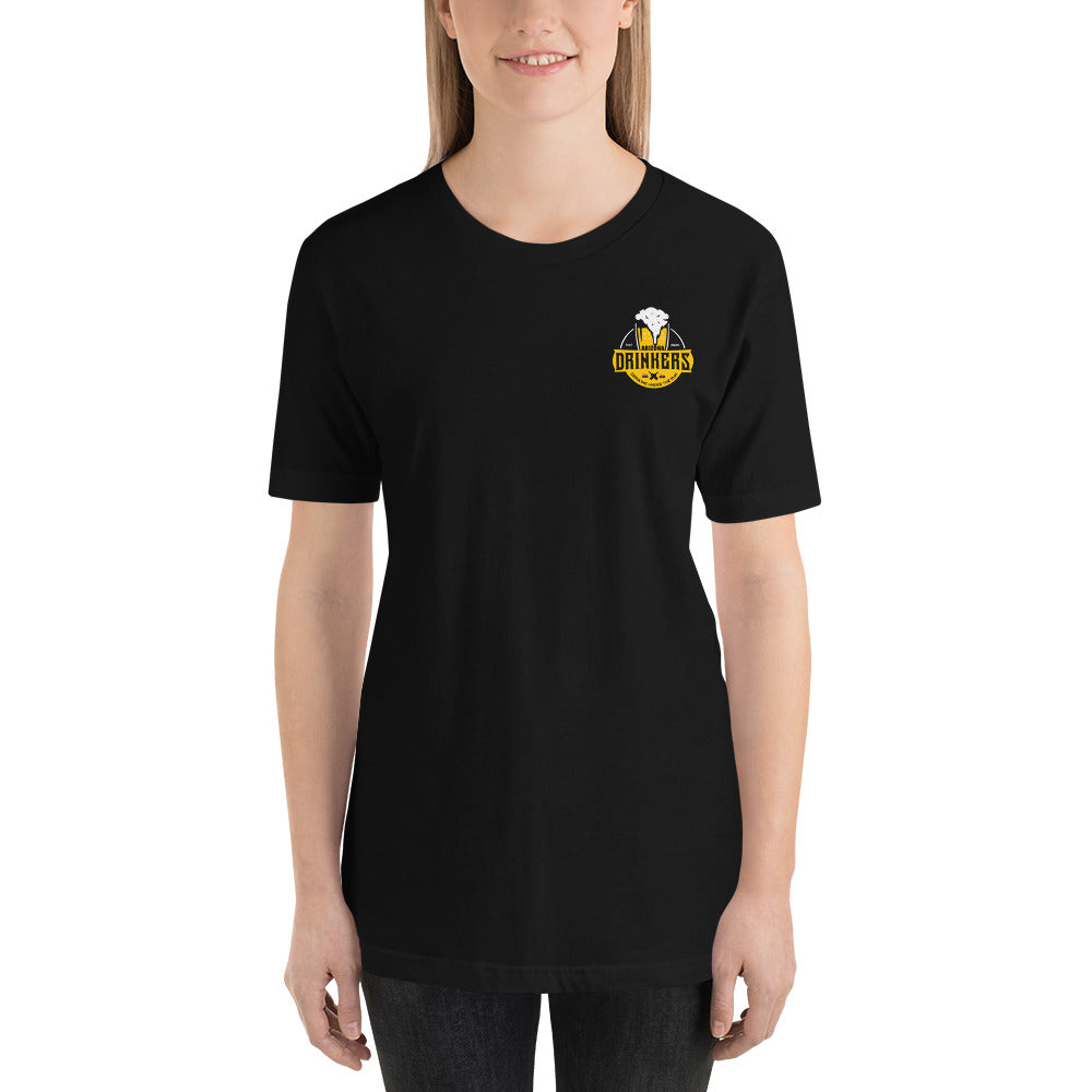 Short-sleeve unisex t-shirt with Arizona Drinkers logo on Front and Drinkers Text on Back