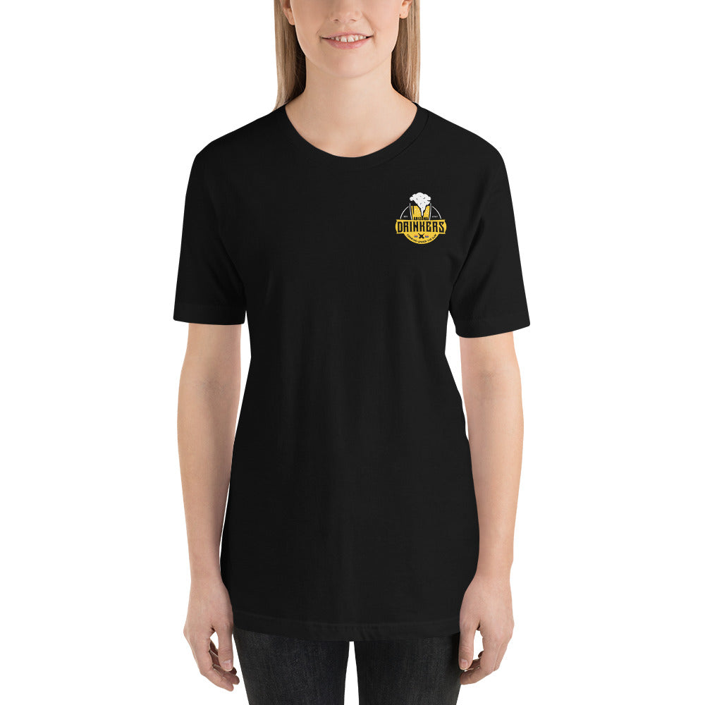 Short-sleeve unisex t-shirt with Arizona Drinkers logo on Front and Drinkers Text on Back