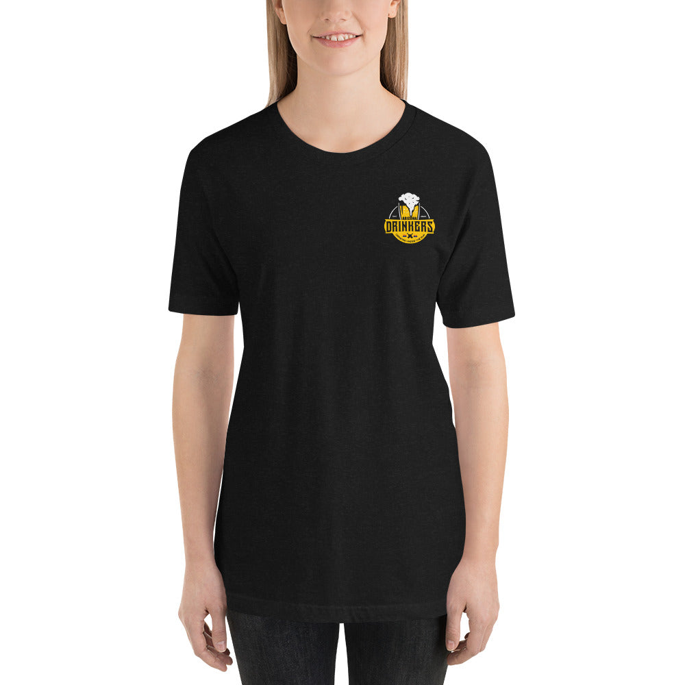 Short-sleeve unisex t-shirt with Arizona Drinkers logo on Front and Drinkers Text on Back
