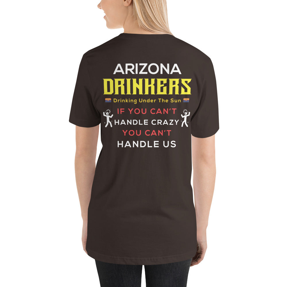 Unisex t-shirt with Arizona Drinkers logo on Front and Drinkers Text on Back