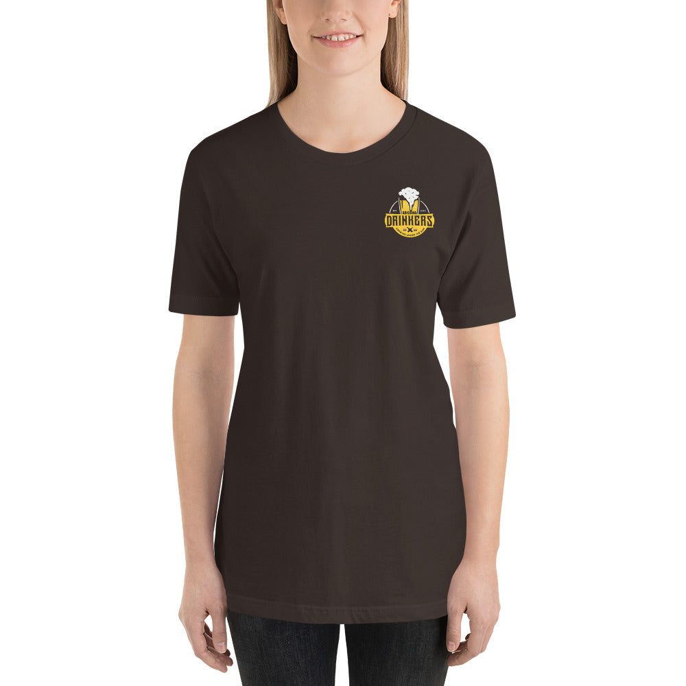Short-sleeve unisex t-shirt with Arizona Drinkers logo on Front and Drinkers Text on Back