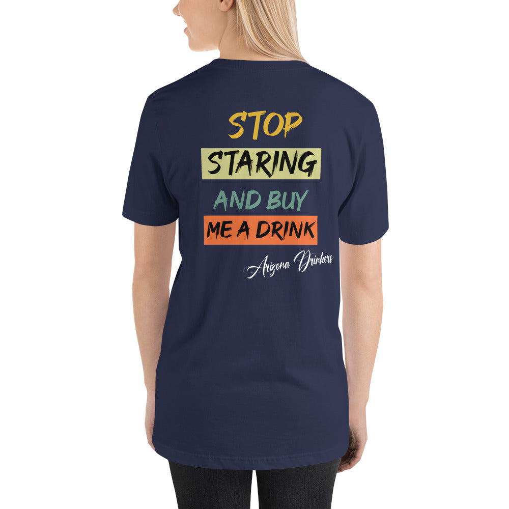 Short-sleeve unisex t-shirt with Arizona Drinkers logo on Front and Drinkers Text on Back