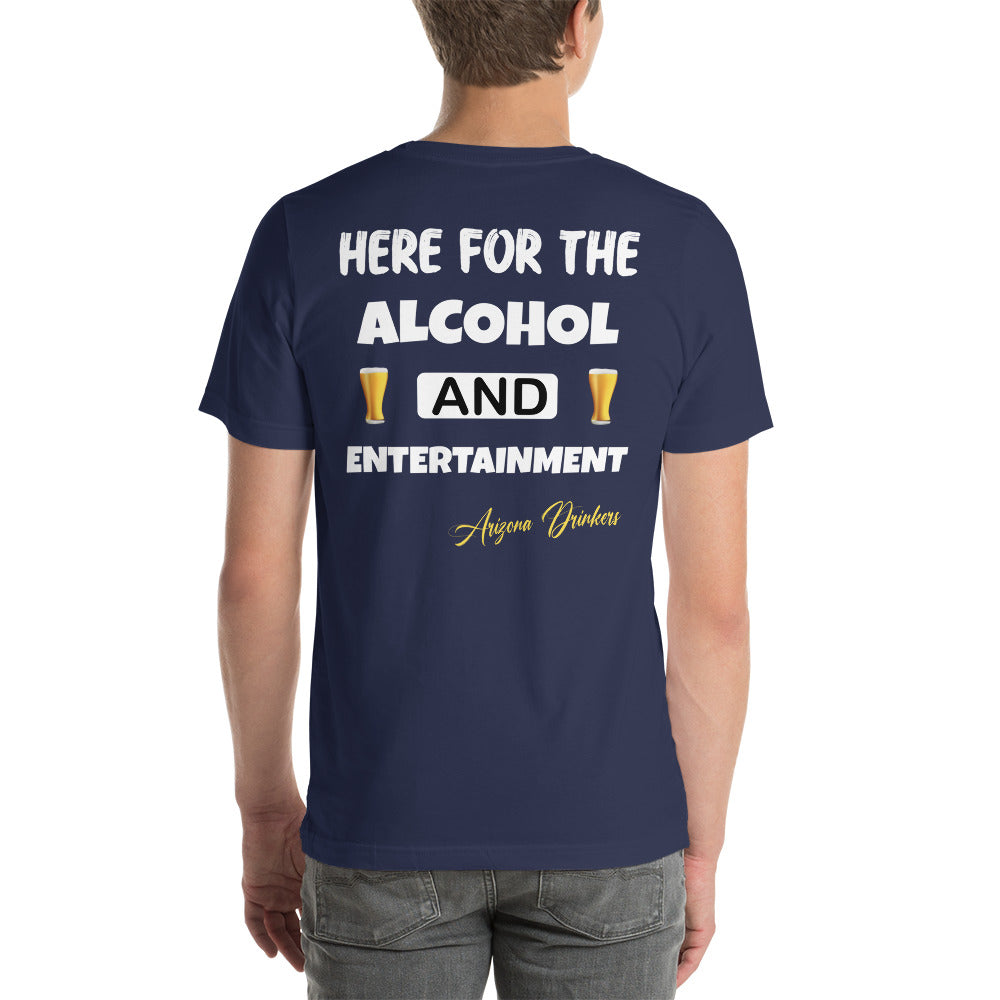 Unisex t-shirt with Arizona Drinkers Logo on Front and Drinkers Text on Back