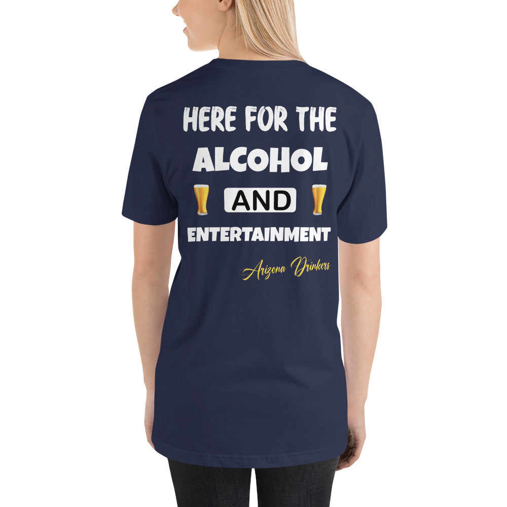 Unisex t-shirt with Arizona Drinkers Logo on Front and Drinkers Text on Back