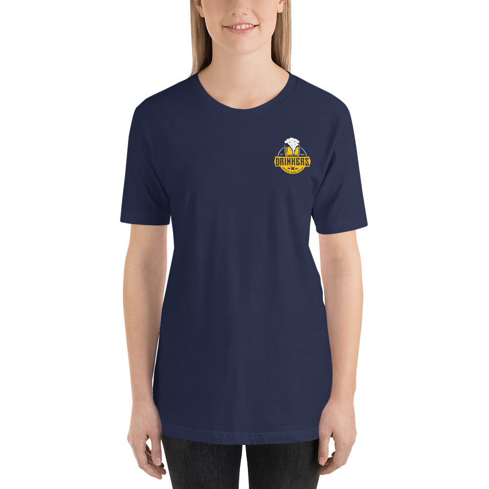 Short-sleeve unisex t-shirt with Arizona Drinkers logo on Front and Drinkers Text on Back