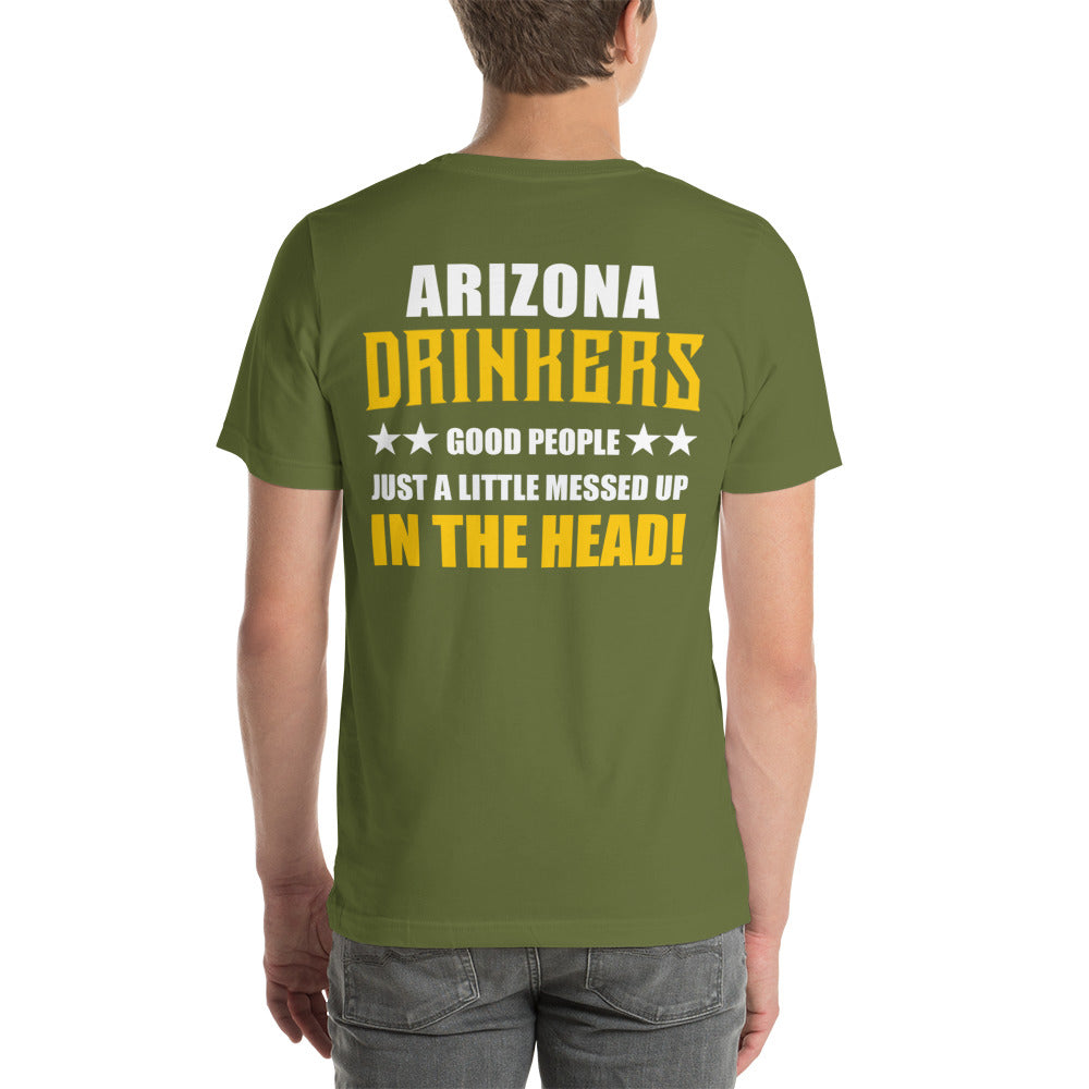 Short-Sleeve Unisex T-Shirt with Arizona Drinkers logo on left chest and Drinkers Text Back