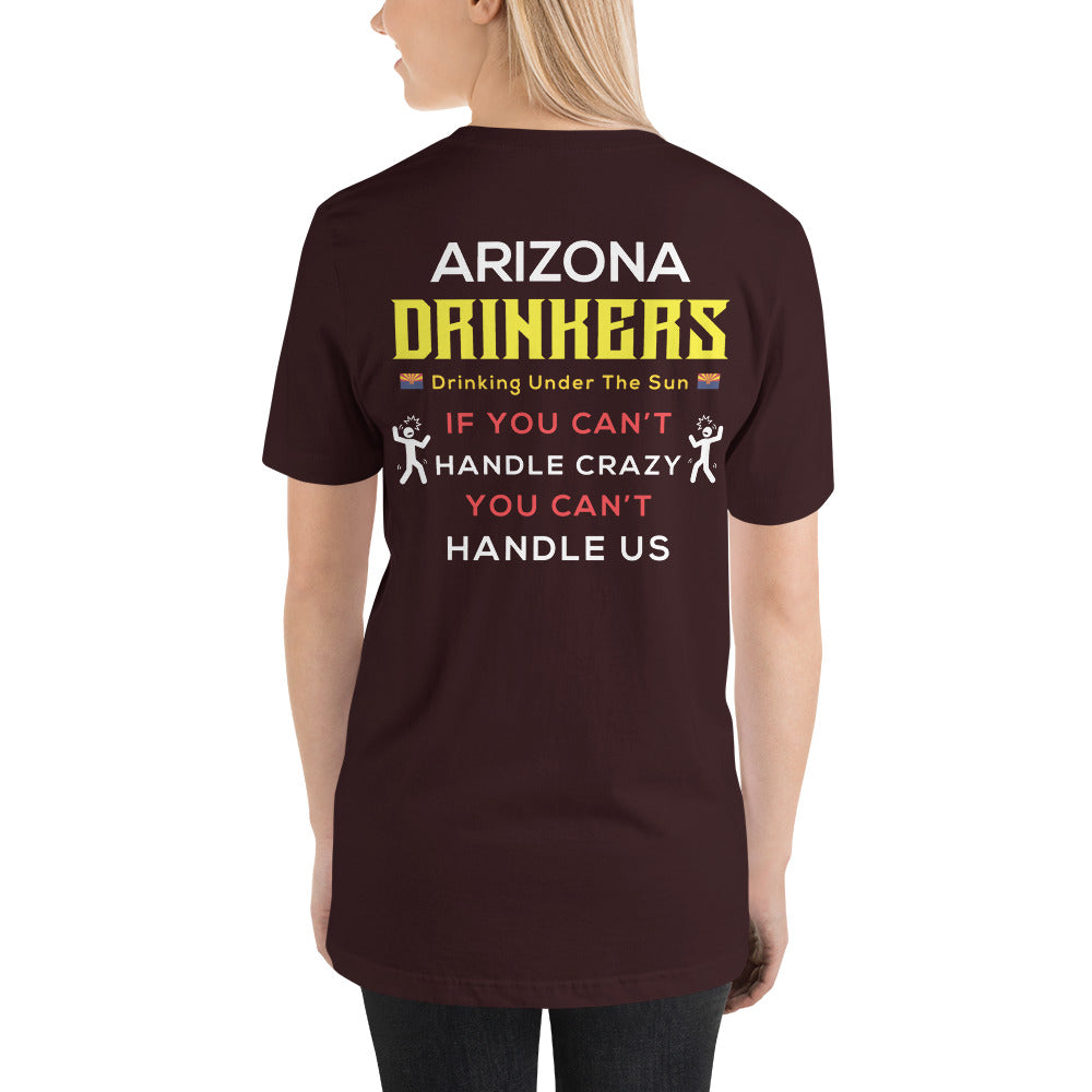 Unisex t-shirt with Arizona Drinkers logo on Front and Drinkers Text on Back
