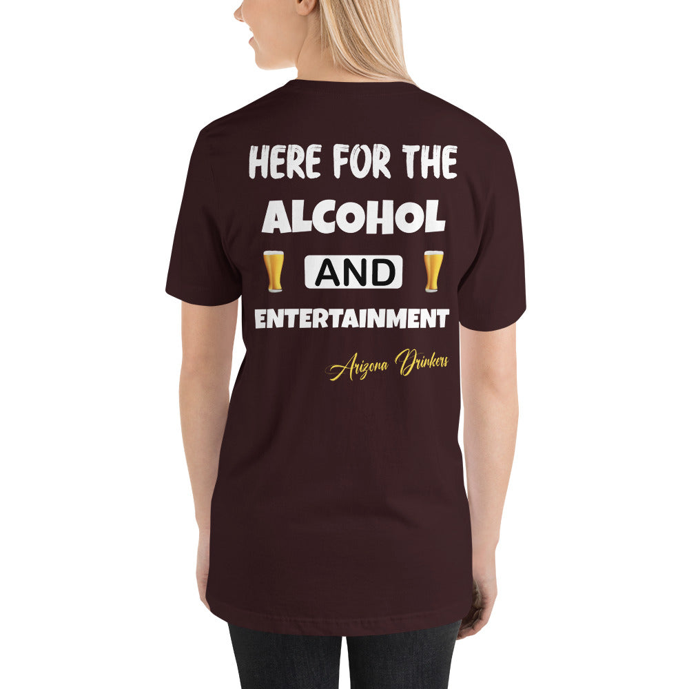 Unisex t-shirt with Arizona Drinkers Logo on Front and Drinkers Text on Back