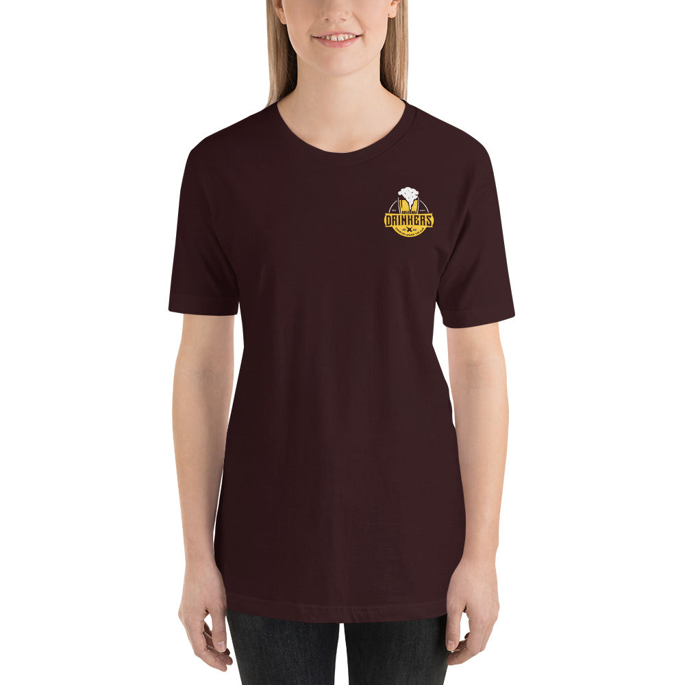 Short-sleeve unisex t-shirt with Arizona Drinkers logo on Front and Drinkers Text on Back